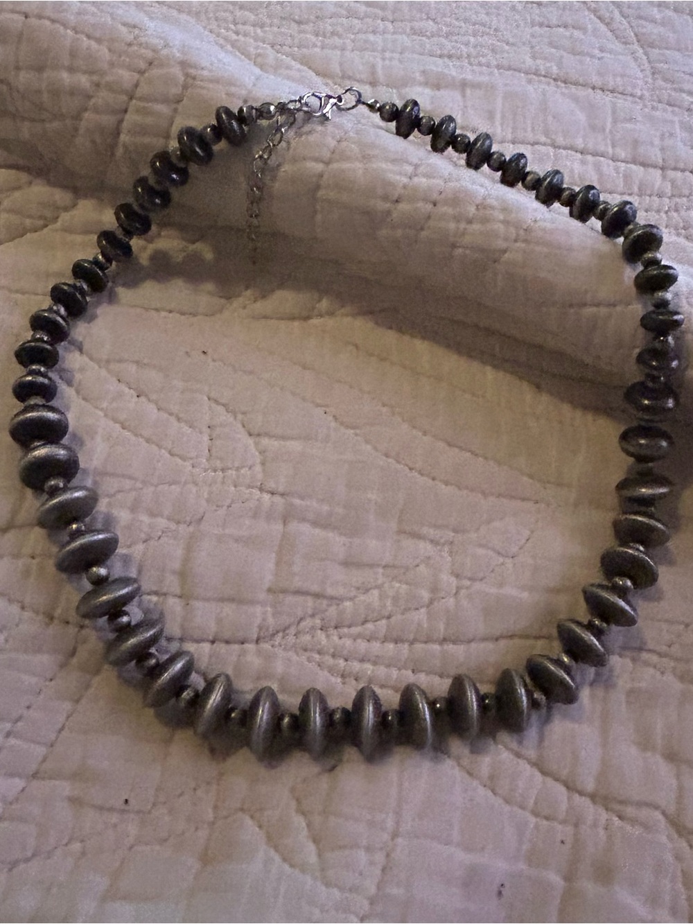 Gray Necklace with Polished Disc shaping-(wooden beads, silver look.)Native